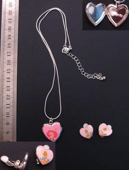 Cute Pink Heart Shaped Locket Necklace 19" & Earrings