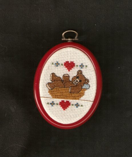 'Teddy In A Basket' Finished, Framed, Cross Stitch