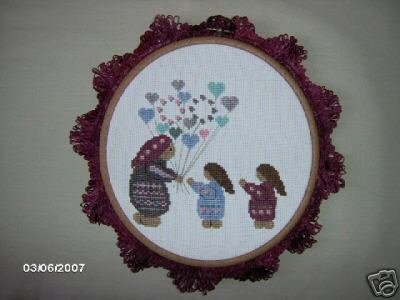 'Balloon Woman' Completed, Framed Cross Stitch, Round