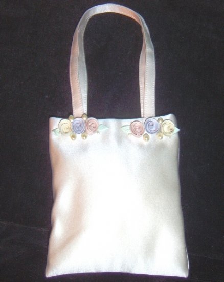 Silk Satin Bridal Purse w/ Pastel Ceramic Flowers & Pearls by Erin Cole
