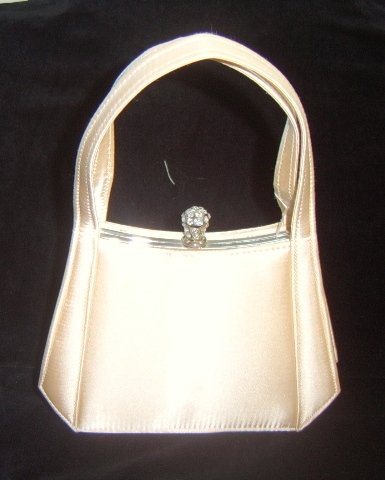 Silver Framed Champagne Satin Bag w/ Crystal Closure