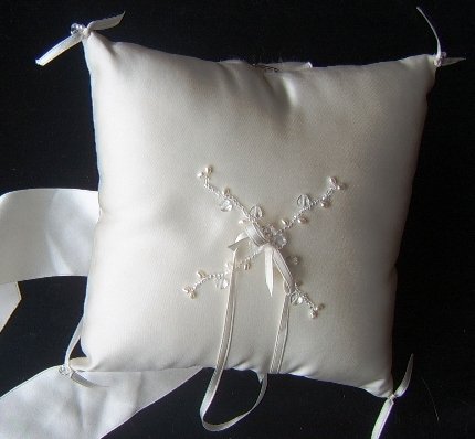 Jennifer Leigh Ivory Silk Satin Pillow with Beaded Center Design in Clear