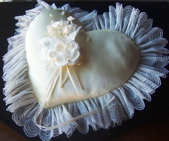 Ivory Heart Pillow with sheer pleated lace border