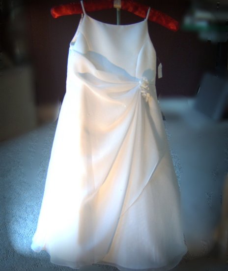 Sarah Louise White Matte Satin & Chiffon Special Occassion Dress w/ Assymetrical drape and beading.