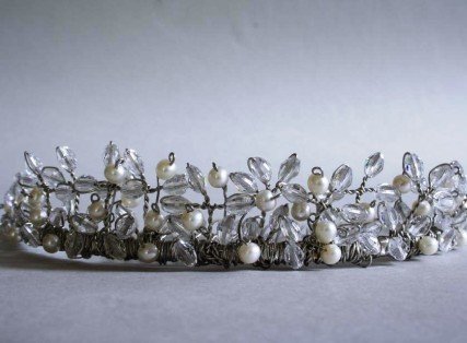 Navette Freshwater Pearl & Clear Crystal Tiara by Winters and Rain in silver