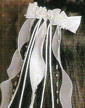 Girl's Custom Made Organza Bow with Flowers and Dangling Pearls & Crystals