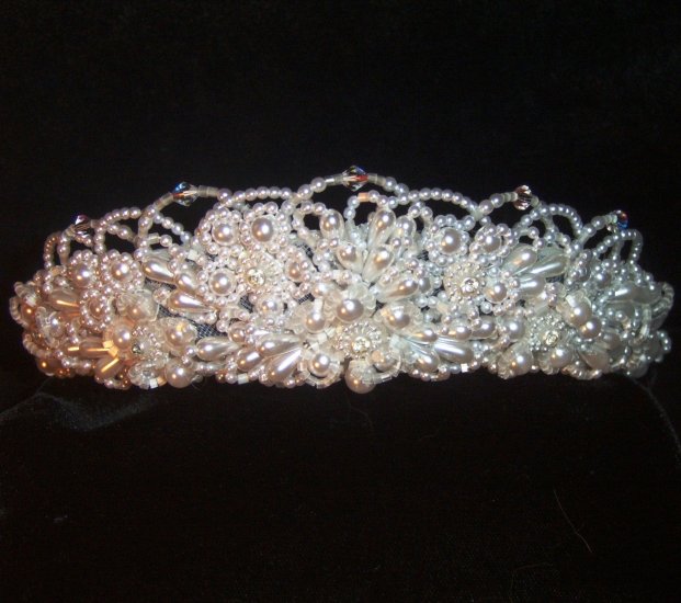 Hannah, pure White Pearl tiara with Roccaille beads & Swarovski Crystals