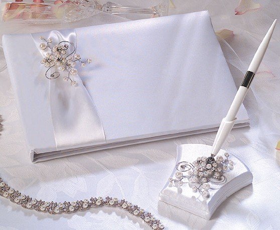 Pearl Garden Guest Book & Pen in White with Silver & Pearl Accents