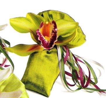 Set of 6 Silk Dupioni Sachets with silk Orchids an Satin Ribbons