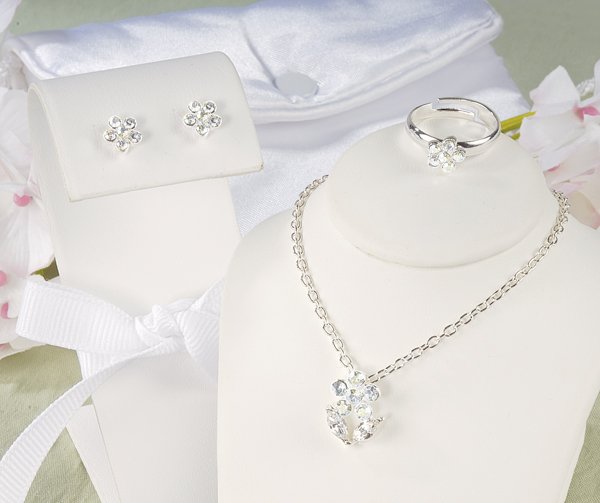 Irridescent Petals Flower Girl 3 Piece Jewelry Set in personalized bag.