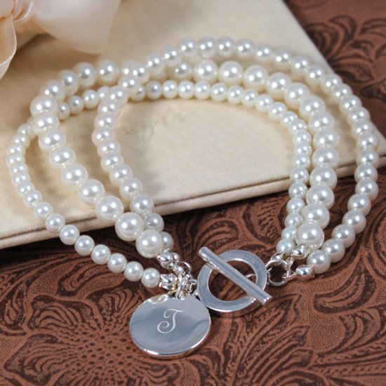 Elegant Moments White Multi-strand Pearl & Silver Personalized Bracelet