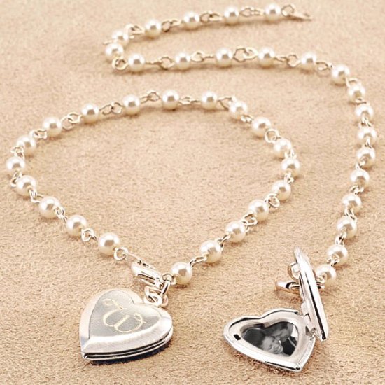 Personalized Pearl Bracelet with Sterling Silver Plate Heart Locket Charm