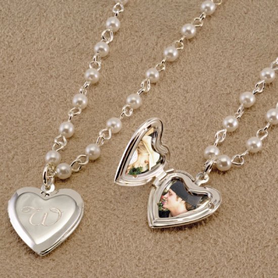 Personalized Glass Pearl Necklace with Silver Locket Charm