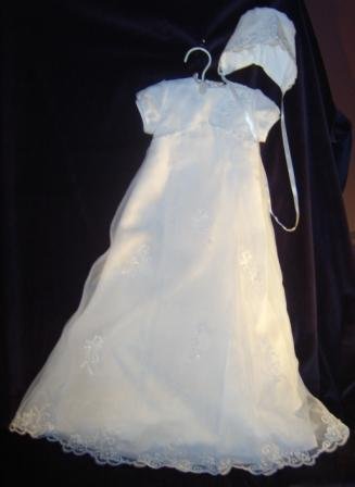 Sarah Louise White Organza Aline Christening Gown & Bonnet #136 with lace & beading