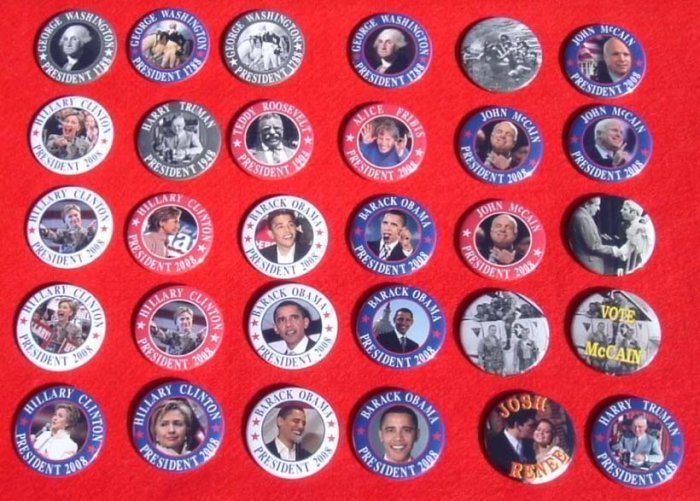21 PACK OF 2008 PRESIDENTIAL CAMPAIGN BUTTONS SENATOR JOHN McCAIN BARACK OBAMA HILLARY CLINTON