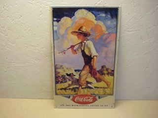 COCA COLA metal Sign of Boy & Dog walking to fishing hole