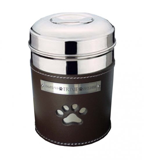 PET LOSS SS/LEATHER PAWPRINT URN UP TO 70 LBS