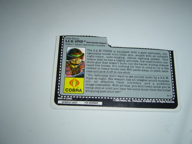 Gi Joe file card Cobra S.A.W. Viper 1990