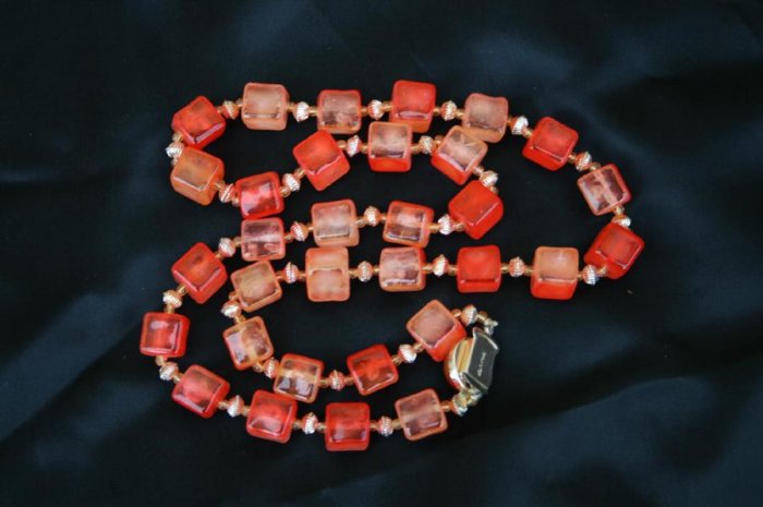 Vintage Luminous Tangerine Bead Cube Lucite Necklace With Ornate Simulated 'Amberina' Clasp