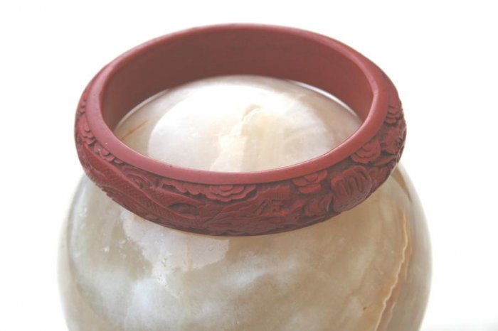 Antique Cinnabar Brick Red Tsuishu Bangle Bracelet With Ornate Deep Carving