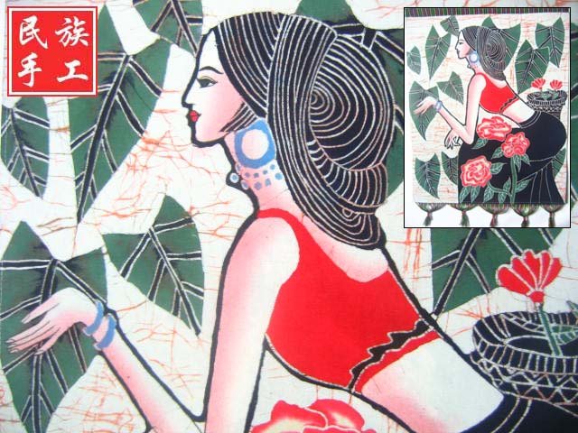 chinese batik art mural painting, wall hanging-Dai na tionality girl picking flower