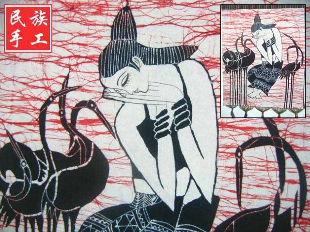 chinese batik art mural painting, wall hanging-the longly girl