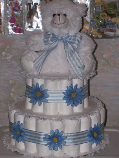 BLUE DAISIES 3 TIER DIAPER CAKE