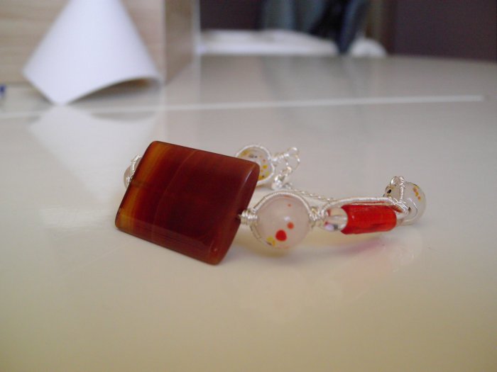 Large canelian focal bead wire wrapped bracelet