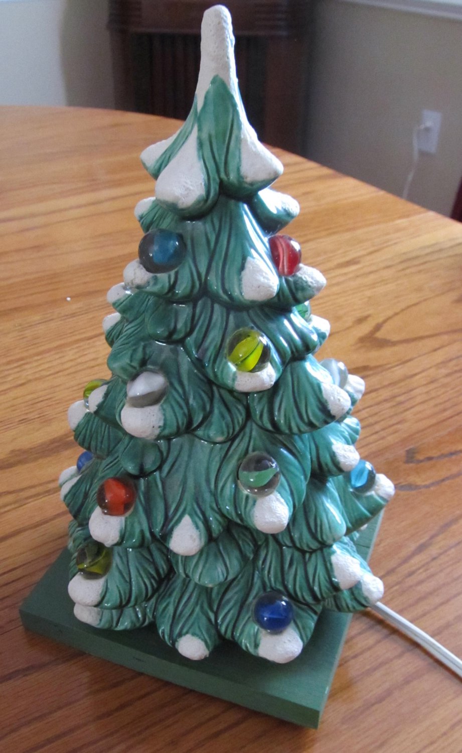 RARE Vintage Green Ceramic Christmas Tree with Snow & Glass Marbles