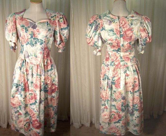 Vintage 80s Dynasty Dress Womens Size 10 Blair Heirloom Maxi Swing Puff Sleeves