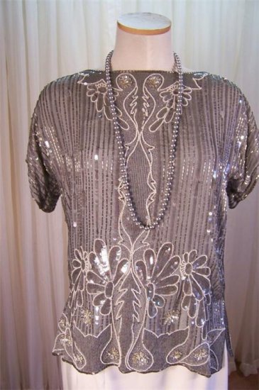 Vintage Sequin Beaded 70s Slouch Silk Top Shirt Blouse Womens Size Med M