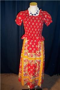 Vintage 70s Hippie Flower Pow Smocked Red Maxi Sun Dress Misses Size 11/13