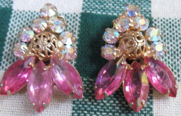Vintage, Pink Crystal, Aurora Borealis, Clip On Earings