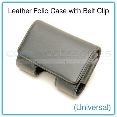 Black Leather Folio Small Universal Cell Phone/PDA/iPod/Portable Media Player Case with Belt Clip