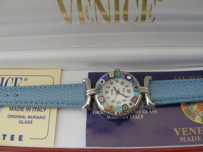 Murano Watch Millefiori Beads and Lt. Blue Band Made in Italy