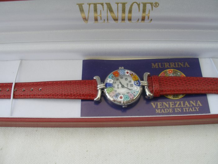Red Millefiori Murano Glass Watch .925 silver accents Stunning