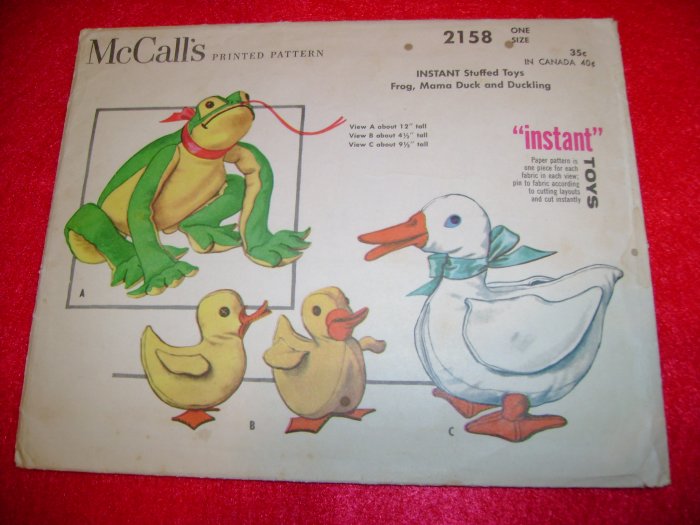 Vintage McCall's Printed Pattern Stuffed Toys Frog Duck Duckling 1957