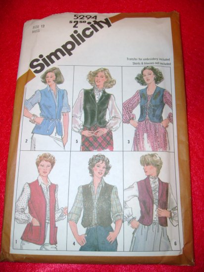Simplicity Misses Set Lined Unlined Vests w Transfer Pattern Size 12