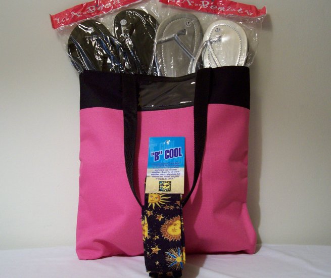 5 pc set of Tote Bag, Ladies Metallic Flip Flops,B Cool Bandana, and Sunscreen Lotion