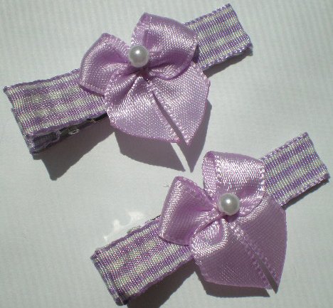 Checkered purple/white Ribbon with White Bow Clippies