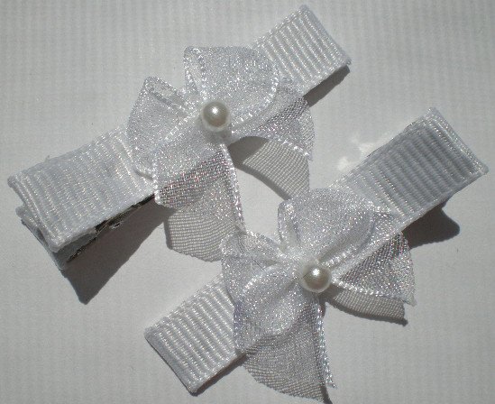 White Ribbon with White Sheer Bow Clippies