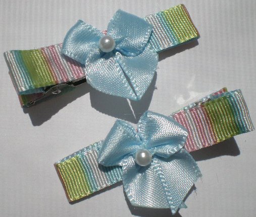 Multi colored Stripes Ribbon with Blue Bow Clippies