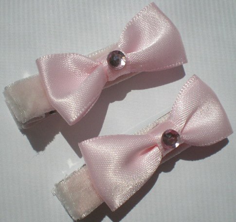 Pink Velvet Ribbon with Pink Bow and Pink Rhinestone Clippies