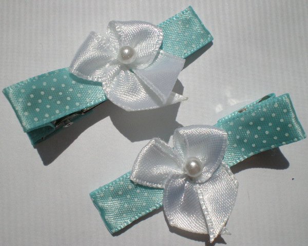 Blue/White Polkadots Ribbon with White Bow Clippies