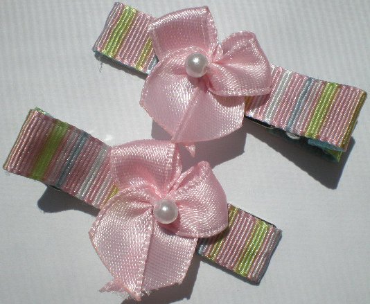Multi colored Stripes Ribbon with Pink Bow Clippies