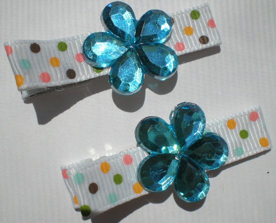 Multi colored Polkadots Ribbon with Blue Flower shaped Rhinestone Clippies