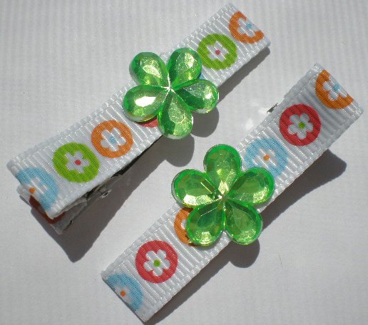 Flower prints Ribbon with Green Flower Rhinestone Clippies