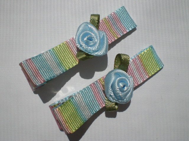 Multi colored Stripes Ribbon with Blue Rose Clippies