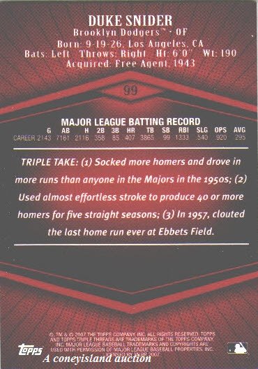 2007 Duke Snider Brooklyn Dodgers Topps Triple Threads HOF s/n 54/1350 Card 99