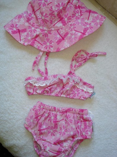 Free Shipping WEE WAVES Pink Floral Swim Set Bikini w/ Hat 12mo